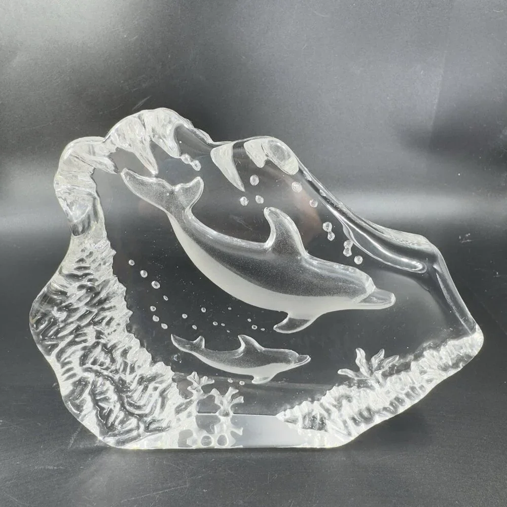 Vintage Clear Crystal Glass Plaque‎ Paperweight Dolphins Figurine Decorative VTG
